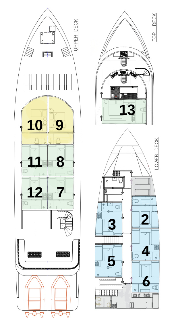 Ghazala Explorer deck plan showing the position of cabins 2 to 13 across the lower, upper and top decks